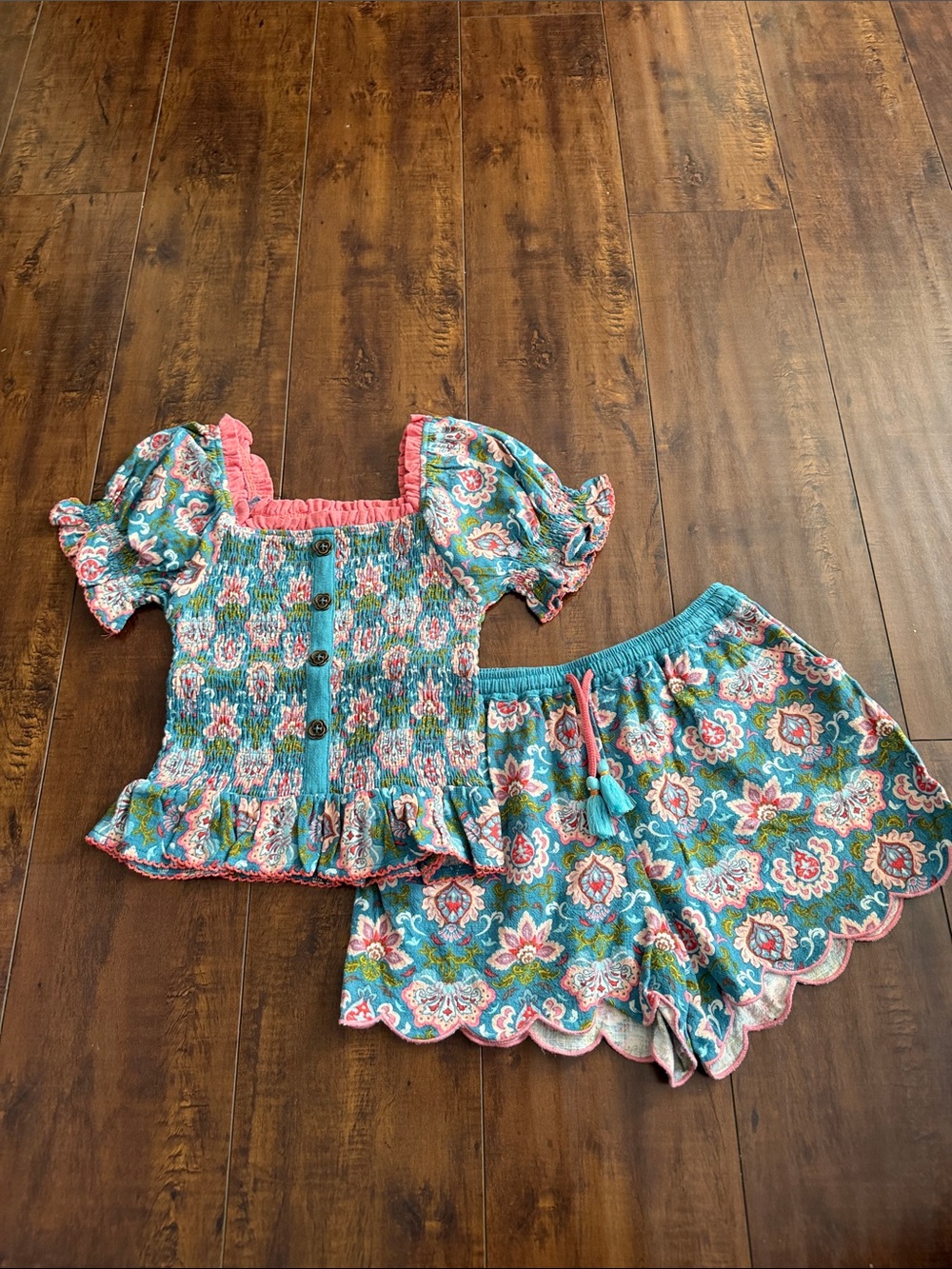 Matilda Jane Teal Pink Floral Smocked Top & Scallop Shorts Set